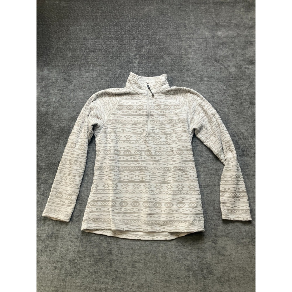 Womens Fleece Sweater Medium Beige Fair Isle Nordic Mock Neck Preppy Quarter Zip